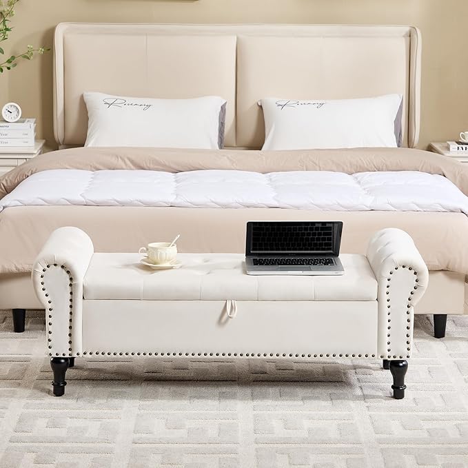 Storage Bench for Bedroom, 51" Upholstered End of Bed Bench, Velvet Queen Size Benches with Rolled Arms, Tufted Button Storage Long Ottoman, Living Room, Entryway, Beige