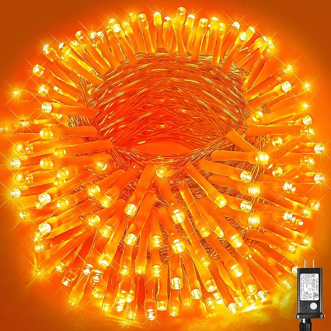 Vivideal 100ft 300 LED Orange Christmas Lights Outdoor Waterproof String Lights Indoor 8 Modes Clear Wire, Plug in Orange Christmas Light for Xmars Tree Bedroom Thanksgiving Decorations