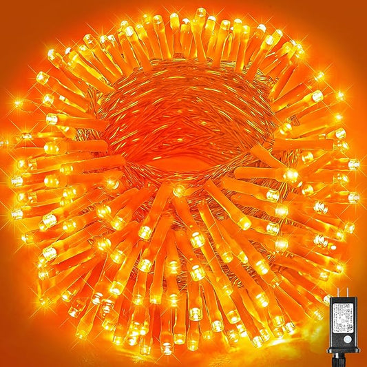 Vivideal 100ft 300 LED Orange Christmas Lights Outdoor Waterproof String Lights Indoor 8 Modes Clear Wire, Plug in Orange Christmas Light for Xmars Tree Bedroom Thanksgiving Decorations