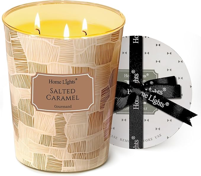 HomeLights Large jar Candle | 3-Wick Long-Lasting Scented Candles, 34oz Natural Soy Wax Candle for Home Scented, Rustic Modern Gifts for Women & Men, Salted Caramel