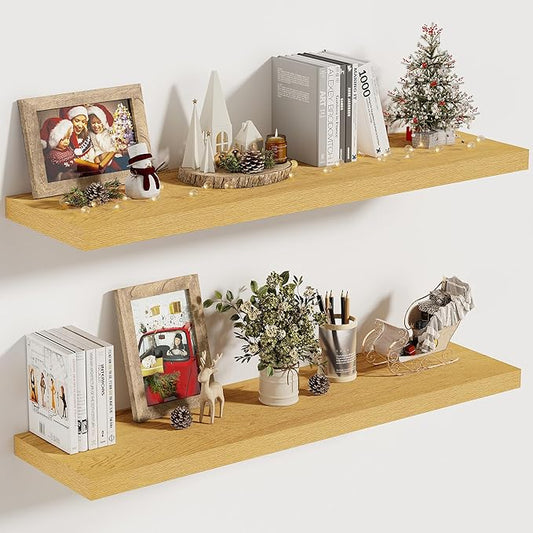 Vivelove 10" Deep Floating Shelves with Invisible Brackets, 30" Wall Shelves for Bathroom Bedroom Kitchen Living Room Laundry Room, Modern Rustic Shelves for Home Decor, 30"x10.2"x1.5", Set of 2, Oak