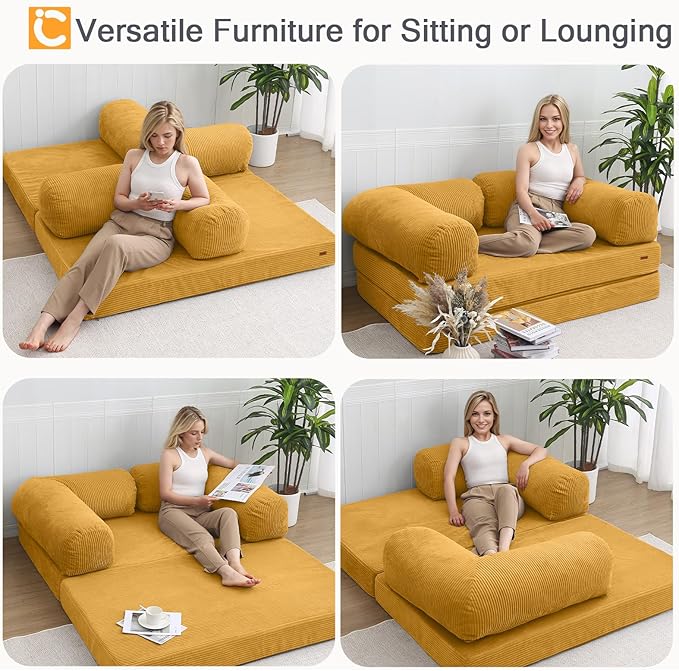 COMAX Futon Sofa Bed, 4-in-1 Floor Foldable Sofa Couch Bed Queen with L-Shaped Armrests, Convertible Folding Chair Bed Sleeper Mattress Fold Out Comfy Lounge for Living Room Bedroom, Yellow