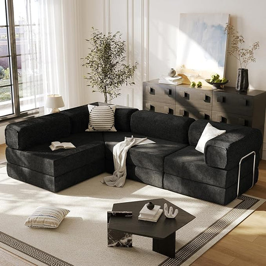 108" L Shaped Couch, Modular Sectional Sofa with Chaise, Cloud Boneless Couch with Deep Seat & Removable Pillow for Living Room, Bedroom,No Assembly Required（Black）