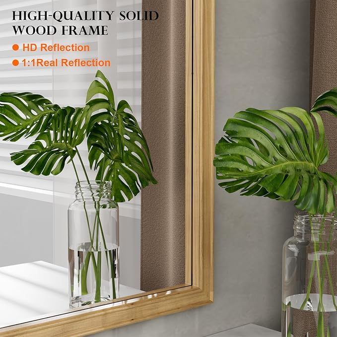 WallBeyond Wood Frame Wall Mirror Rounded Corner Arch Rectangle Mirror for Entryway, Living Room or Bedroom Home Decor - Light Woodgrain [20" x 30" Natural Color]