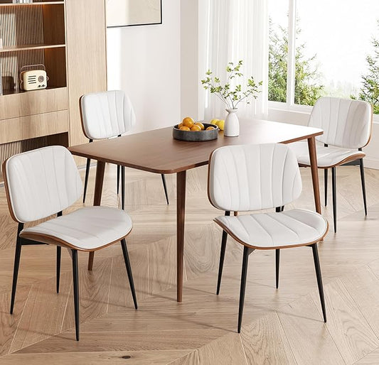 Dining Chairs Set of 4, Mid Century Modern, Upholstered Faux Leather, Walnut Bentwood Back, Metal Legs, White