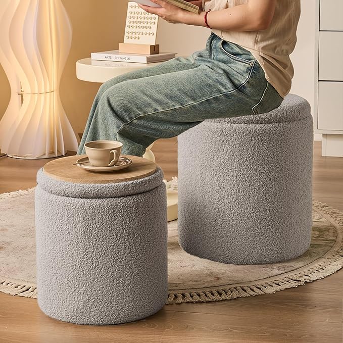 Round Ottoman with Storage Set of 2-Upholstered Sherpa Vanity Stool for MakeupMultifunctional Ottomans Coffee Table Padded Seat Foot Rest for LivingRoom&Bedroom(Sherpa Gray)
