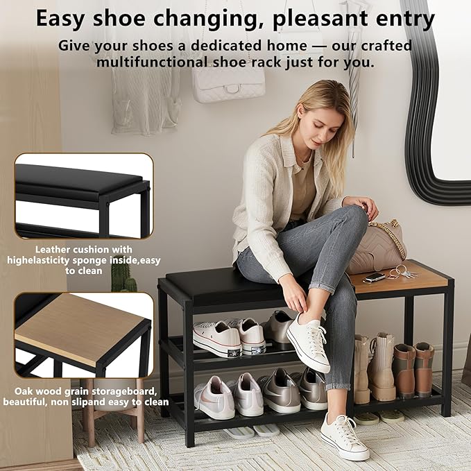 Shoe Bench,Shoe Organizer，Holds Up to 570 lb，12 x 30.7 x 17.3Inches，3-Tier Shoe Storage Bench,Entryway Bench with Cushioned Seats,for Shoe Rack in The Bathroom,Entryway,Bedroom,Living Room
