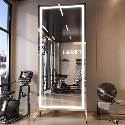 Hasipu Home Gym Mirror with Light 360° Swivel on Wheels, 75" x 32" Extra Large Full Length Rolling LED Mirror for Yoga Studio, Bedroom, Dancing Studio, White