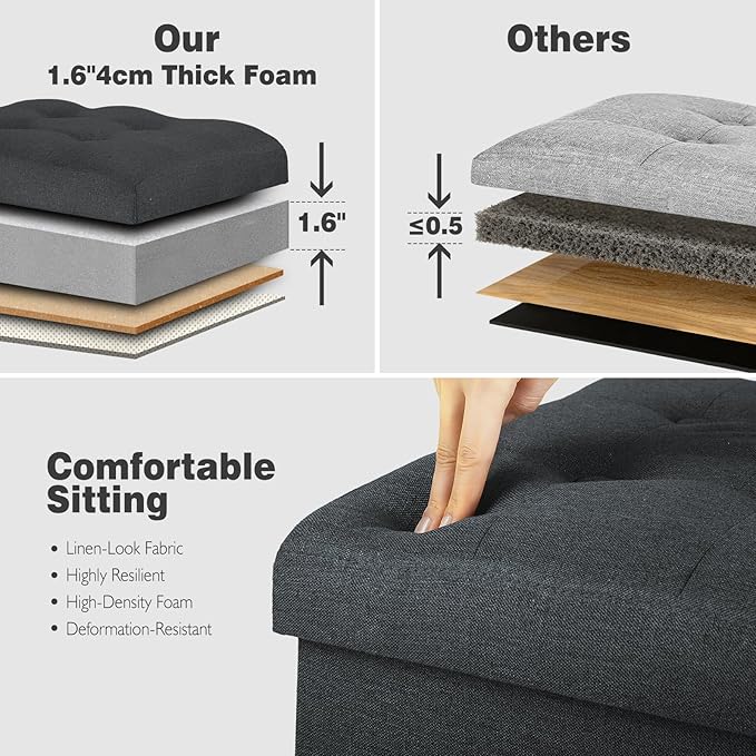 Storage Ottoman Foot Rest with Thicker Foam Padded Seat. 61L Slim Tall Small Bench with Storage. Linen Folding Footstool Bench for Living Room, Bedroom. 350lbs Load Capacity, 17x13x17in, Gray Black