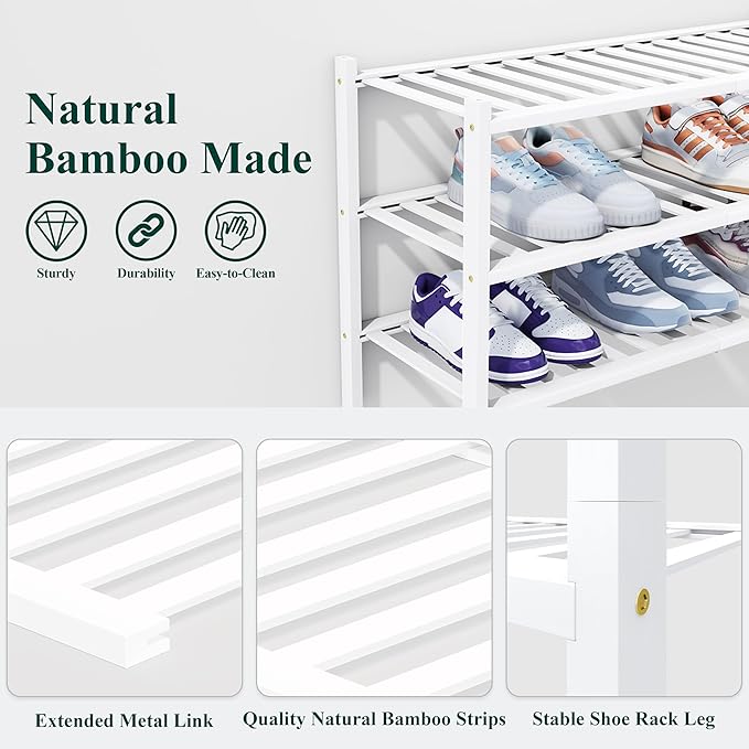 Smiry Shoe Rack, 2 Tier Thick Bamboo Shoe Organizer, Stackable Free Standing Wooden Shoe Storage Shelf for Closet, Entryway, Front Door Entrance, White