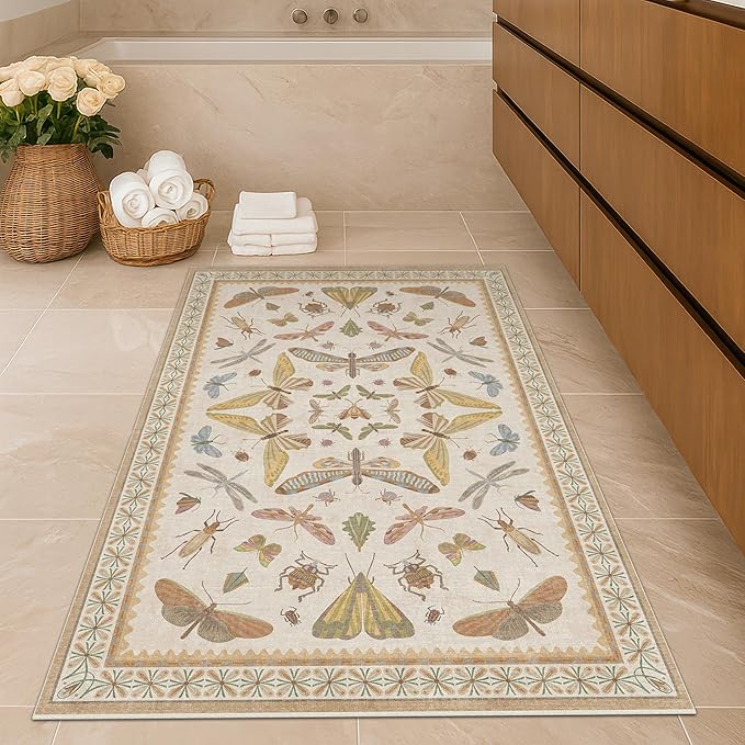 3x5 Washable Non-Slip Bathroom Rug, Colorful Insect Rug for Kids Room - Ultra Soft Low Pile Cottagecore Butterfly & Beetle Pattern for Nature-Inspired Home Décor