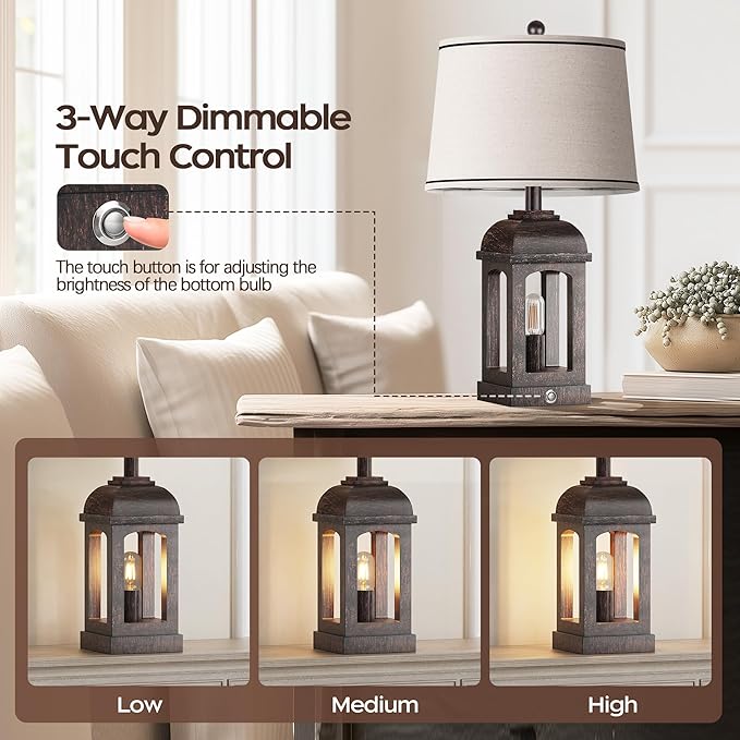 QiMH Table Lamp for Living Room, Farmhouse Lamps with USB A+C and Nightlight, 26" Rustic Bedside Lamps with 3-Way Dimmable Touch Control, Nightstand Lamp for Bedroom, Bronze, 1 Pack