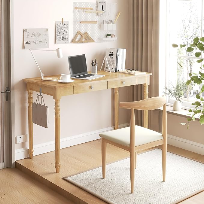 Solid Wood Desk with Drawers - 48 Inch Writing Desk with Drawers, Mid Century Modern Desk with 2 Hooks, Rubber Wood Study Table for Bedroom, Living Room & Office, Natural Boho Desks