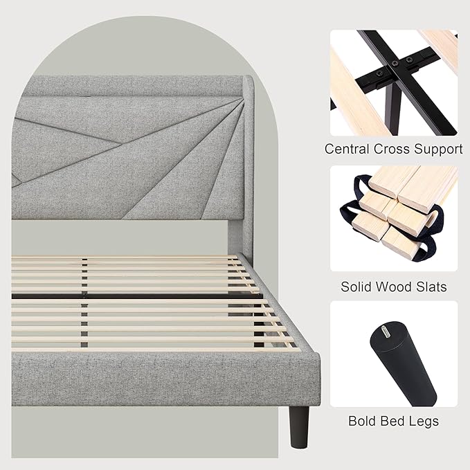 Feonase Full Bed Frame with Charging Station, Linen Upholstered Platform Bedframe with Wingback Headboard, Solid Wood Slats Support, Noise Free, No Box Spring Needed, Light Grey