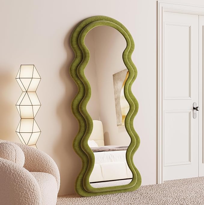 BOJOY Full Length Mirror, 63" x 24" Wall Mirror, Flannel Wrapped Wooden Frame Floor Mirror, Irregular Wavy Mirror Hanging or Leaning Against Wall for Cloakroom/Bedroom/Living Room - Green