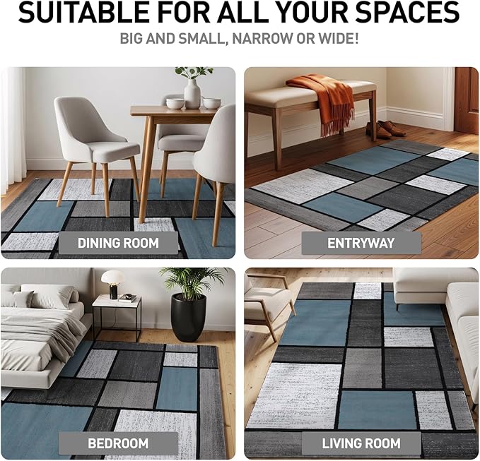 Rugshop Modern Geometric Boxes Blue Area Rug, Non-Shedding Square Carpet for Bedroom, Dining Room, or Home Office, 6'6" x 6'6"