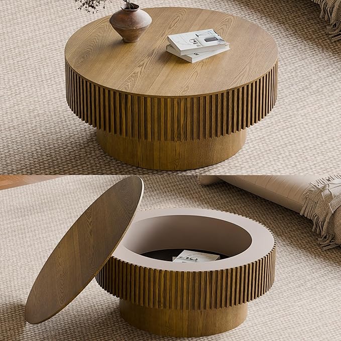 31.5'' Small Round Coffee Table with Storage, Fluted Coffee Table with Solid Wood Veneered, Mid Century Modern Wooden Center Table, Accent Tea Table for Small Space Living Room Apartment, Brown