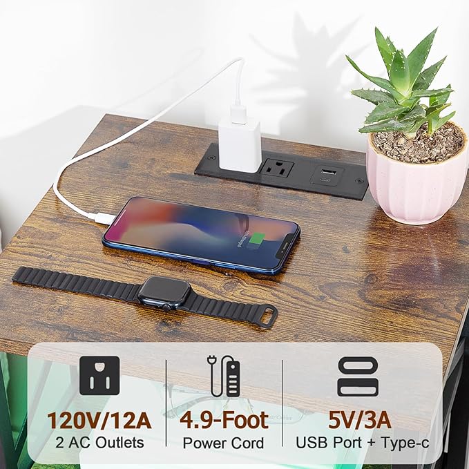 AMHANCIBLE Night Stand Set 2, LED Nightstand with Charging Station, End Tables Living Room with Fabric Drawers, Bedside Table for Bedroom, Rustic Brown, HET052LBR