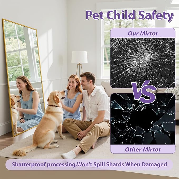 Full Length Mirror, 71"x26" Oversized Floor Mirror Freestanding, Full Body Mirror Floor Standing Mirrors with Stand, Hanging Mounted Mirrors for Bedroom Living Room, Gold, Rect Style