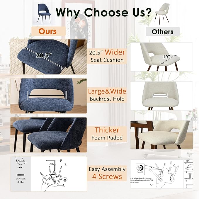 Rowill Boucle Dining Chairs Set of 6, Morden Upholstered Dining Room Kitchen Chairs with Metal Legs for Living Room, Bedroom, Restaurant, Blue