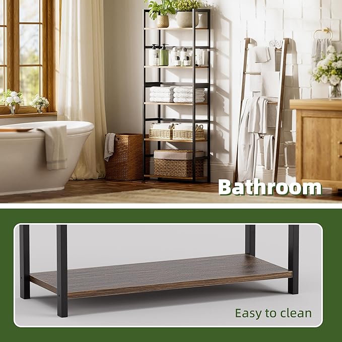 5-Tier Bookshelf, Industrial Bookcase with Bamboo Frame, Modern Display Standing Shelf Unit, Tall Wood Storage Organizer for Living Room, Home Office, Rustic Brown