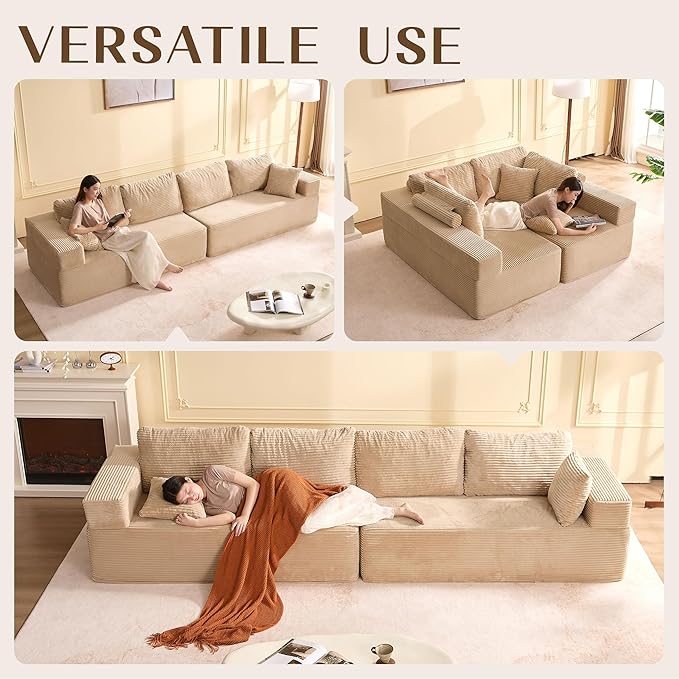 138" Modular Sofa Memory Foam Sectional Couches for Living Room, Sleeper Sofa Bed, Corduroy, Camel