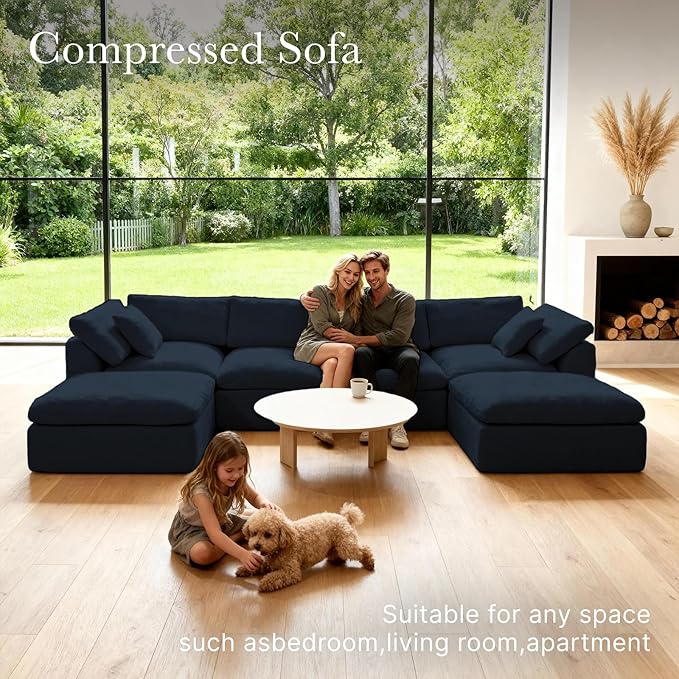 Cloud Modular Sectional Sofa Couch,141” U-Shape Sofa with Wide Armrest, Modern High-Density Sponge Compressed Couch for Living Room, Bedroom,No Assembly Needed (Blue, 4 Seats+ 2 Ottoman)