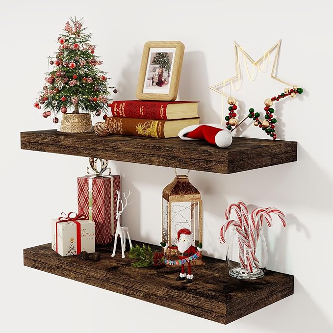 30 Inch Floating Shelves, 12 Inch Deep Floating Shelf for Wall, Rustic Deep Shelves for Books, Bathroom, Living Room, Kitchen, 30 x 12 x 2 Wood Floating Shelves, Rustic Brown Color, Set of 2