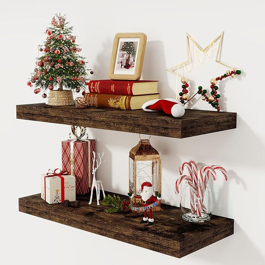 30 Inch Floating Shelves, 12 Inch Deep Floating Shelf for Wall, Rustic Deep Shelves for Books, Bathroom, Living Room, Kitchen, 30 x 12 x 2 Wood Floating Shelves, Rustic Brown Color, Set of 2