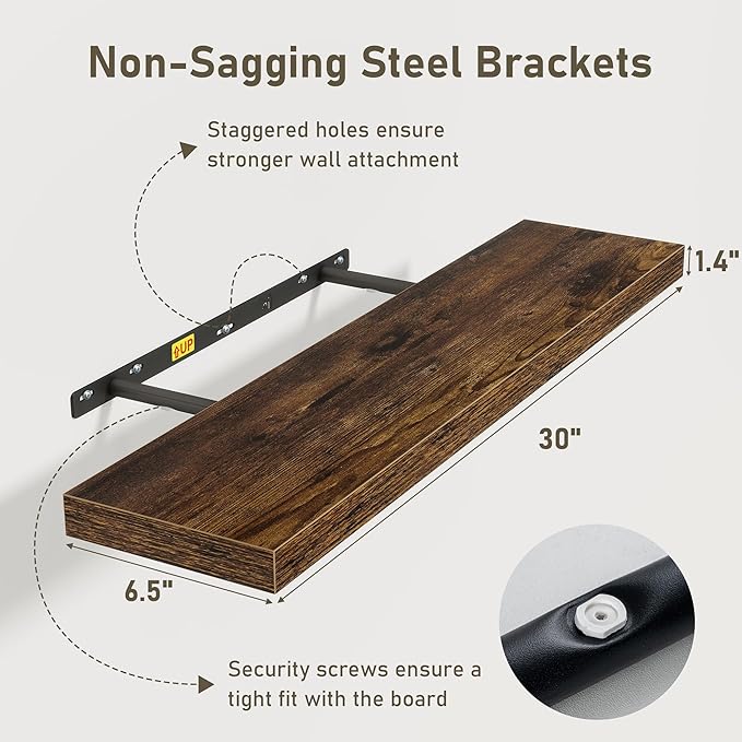 Floating Shelves Wall Shelf 30 Inch Long, Rustic Wood Bathroom Shelves 30 Inch, Farmhouse Home Decor Kitchen Living Room Bedroom Shelves Wall Mounted, 30 x 6.7 x 1.4 Inch, Set of 3, Rustic Brown