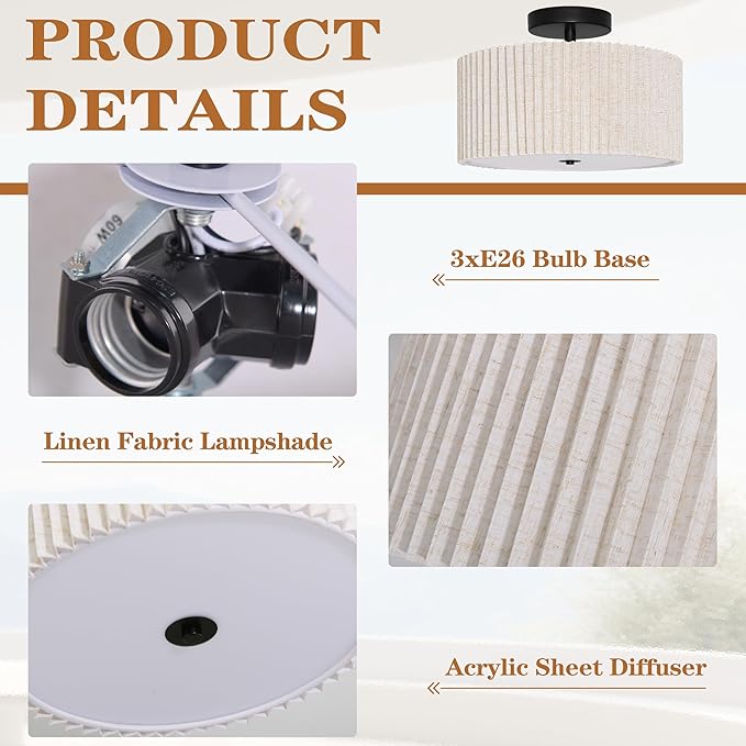 3-Light Semi Flush Mount Ceiling Lights Fixture 15.7 Inch Drum Light Fixture Drum Ceiling Lights with Pleated Fabric Shade Black Close to Light Fixtures for Hallway Living Room