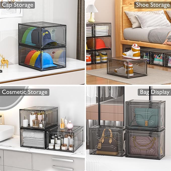 7 code Thicken & Sturdy Clear Shoe Storage Organizer with Magnetic Door, Stackable Boxes for Closet, Foldable Shoe Rack for Sneaker Boot Container, Plastic Shoe Cabinet Shoe Box 6 Pack, Black