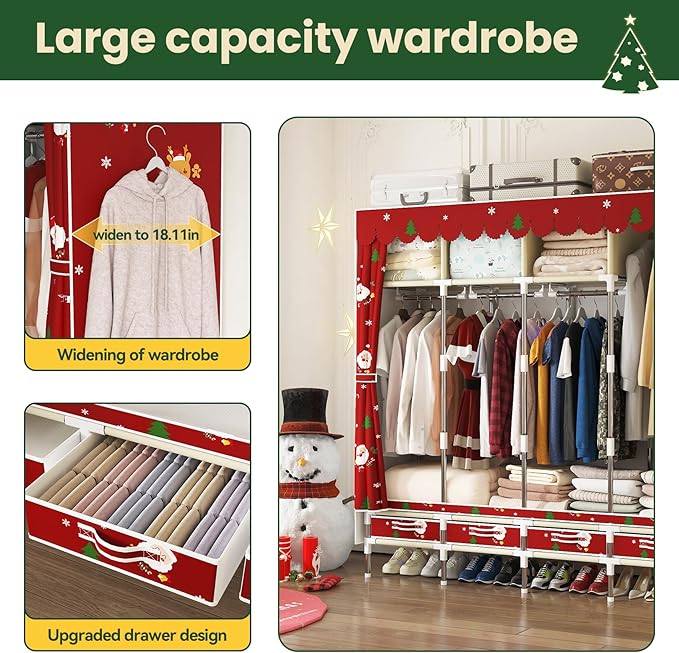 Portable Wardrobe with 4 Drawers Simple Temporary Wardrobe, Armario Portátil,New Oxford Cloth, Christmas Style (Christmas Color)