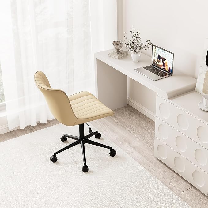 Kidol & Shellder Beige Leather Home Office Desk Chair with Wheels Modern Cute Armless Executive Swivel Vanity Chair with Comfy Padded Back Ergonomic Rolling Adjustable Computer Task Chair Small