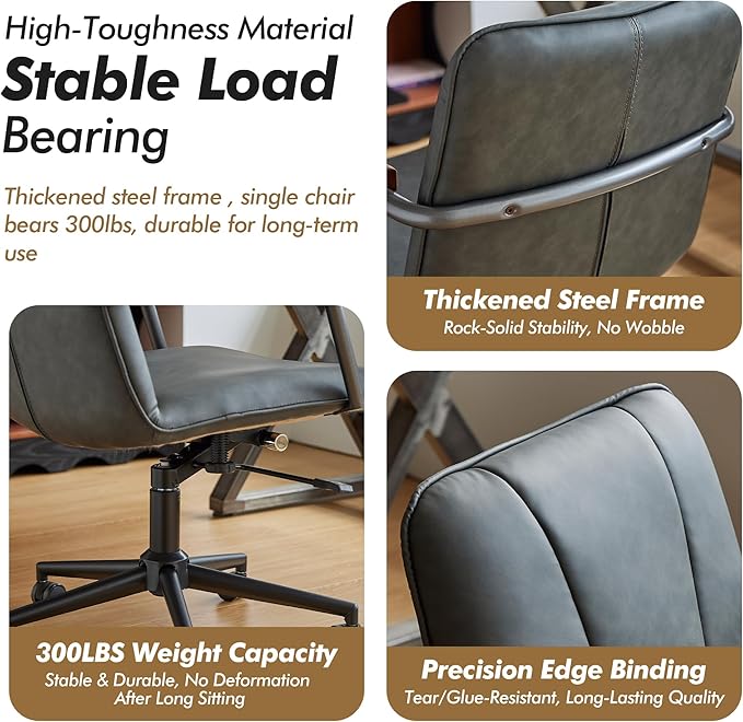 Home Office Desk Chair, Ergonomic Minimalist Faux Leather Swivel Chair with Oak Wood Armrests, Comfortable Task Chair for Computer or Study Room, 2 Pack, Charcoal Gray