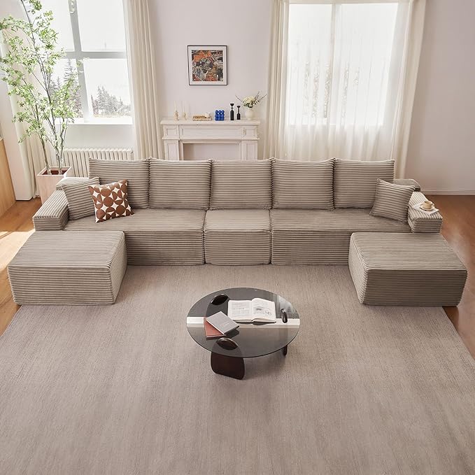 167.7" Sectional Cloud Couch for Living Room, Stupendous U Shaped Sofas, Modular Floor Deep-Seat Sofa, Big Comfy Corduroy Couches Set with Fluffy Memory Foam, No Assembly Required, Camel