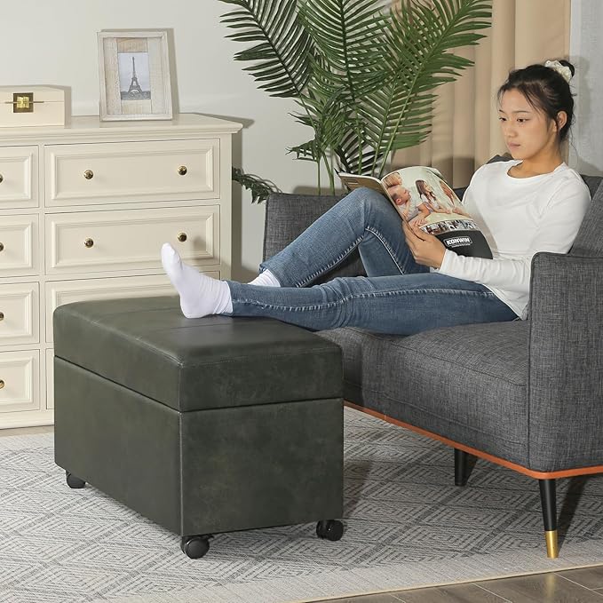 Joveco 32" Faux Suede Storage Ottoman Bench with Wheel, Rectangle Foot Rest Stool for Living Room, Bedroom, Entryway,Moss Green