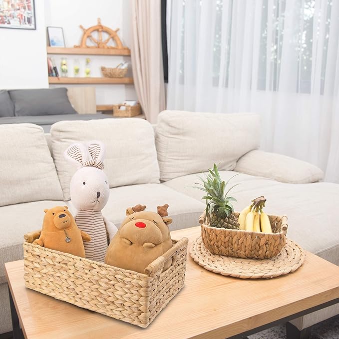 VATIMA Hyacinth Large Wicker Basket 15.5x10.8x6.2" - Rectangular, Wooden Handles, Shelf Organizer