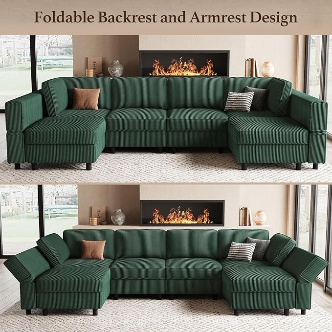 114.2" U Shaped Sectional Sofa,6 Seat Corduroy Couch,Comfy Modular Sectional Sofa with Storage Movable Ottoman Chaise,Upholstered Sectional Couches for Living Room,Green