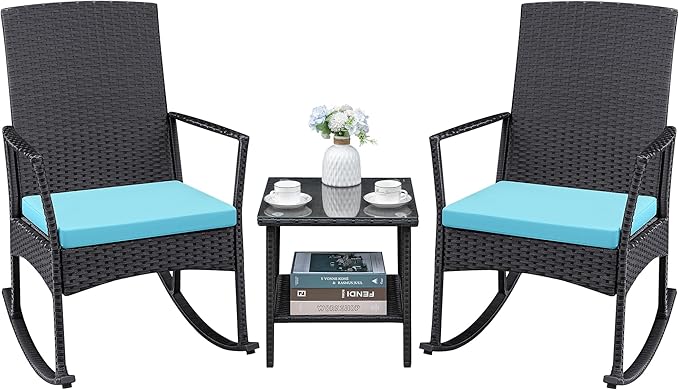 Greesum 3 Pieces Patio Furniture Set Outdoor Wicker Rocking Chairs with Glass Coffee Table for Garden Backyard Porch Poolside, Blue