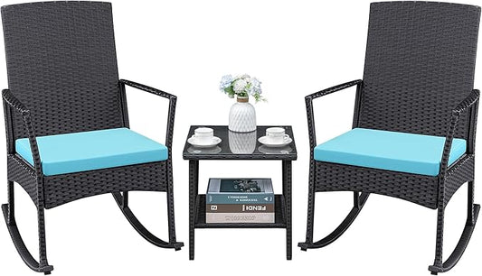 Greesum 3 Pieces Patio Furniture Set Outdoor Wicker Rocking Chairs with Glass Coffee Table for Garden Backyard Porch Poolside, Blue
