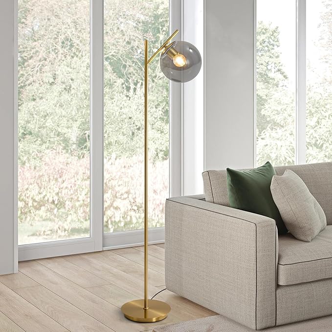 Farmhouse Floor Lamp Retro Smoky Gray Glass Standing Tall Lamps Vintage Brass Freestanding Floor Lamps Adjustable Globe Floor Lamp for Office Bedroom