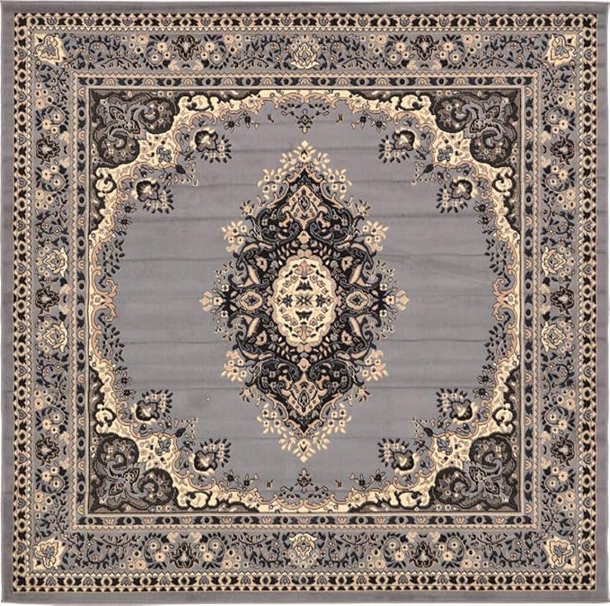 Unique Loom Reza Collection Traditional Persian Style Area Rug, 8' 0" x 8' 0", Gray/Ivory