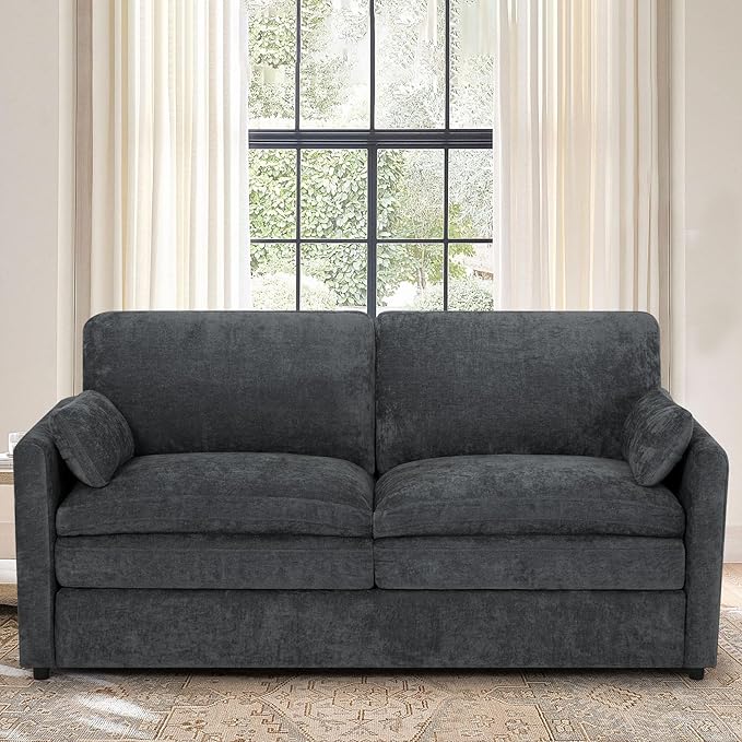 69” Chenille Loveseat Sofa w/Arm Pillows, Upholstered 2-Seater Sofa w/Comfortable Back Cushions, Modern 2 Seats Couch w/High-Density Foam for Living Room, Apartment, Office, Grey