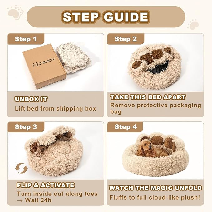 Jiupety Paw Shape Calming Pet Bed, Medium Plush Faux Fur Donut Bed for Dogs & Cats, Machine Washable, Non-Slip Bottom, Extra Large Size (32"×32"×10"), Camel