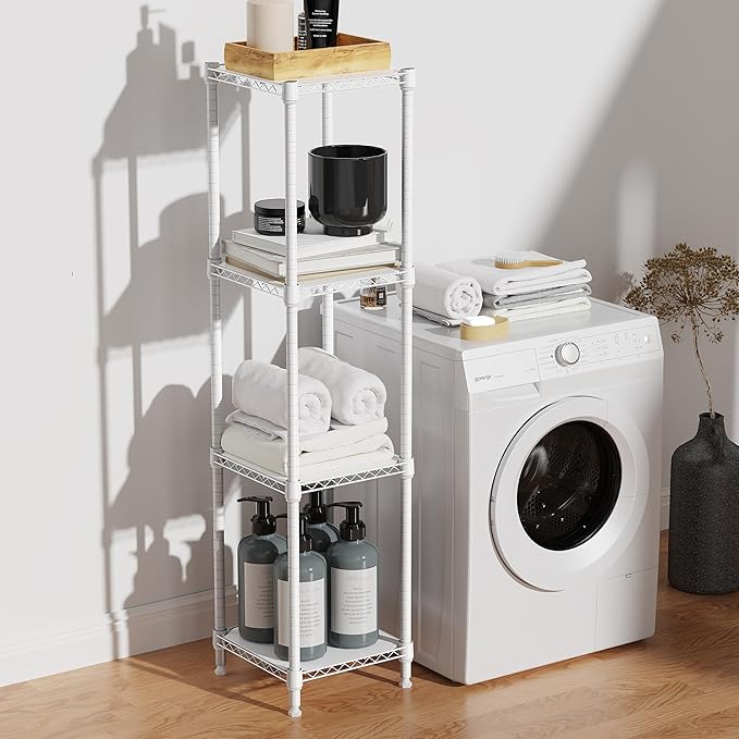 IZEUK 4 Tier Steel Storage Shelves, Adjustable Wire Shelving Unit for Kitchen, Bathroom, or Office Organization, Heavy Duty Metal Rack, 480 lbs Capacity, 11.8" D x 11.8" W x 47.3" H, White