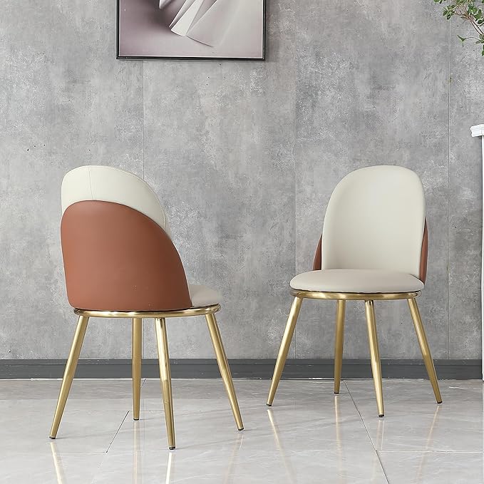 Dining Chairs Set of 2, Modern PU Leather Dining Gold Metal Legs for Living Kitchen Dining Room Beige