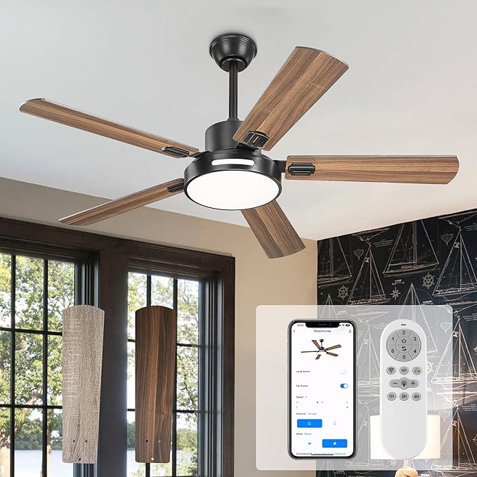 TENGXIN 52 Inch Ceiling Fan With Lights and Remote Control, Farmhouse Fandelier with 5 Reversible Blades,6 Speeds,Ultra Silent,APP Control,TXCF-BK002