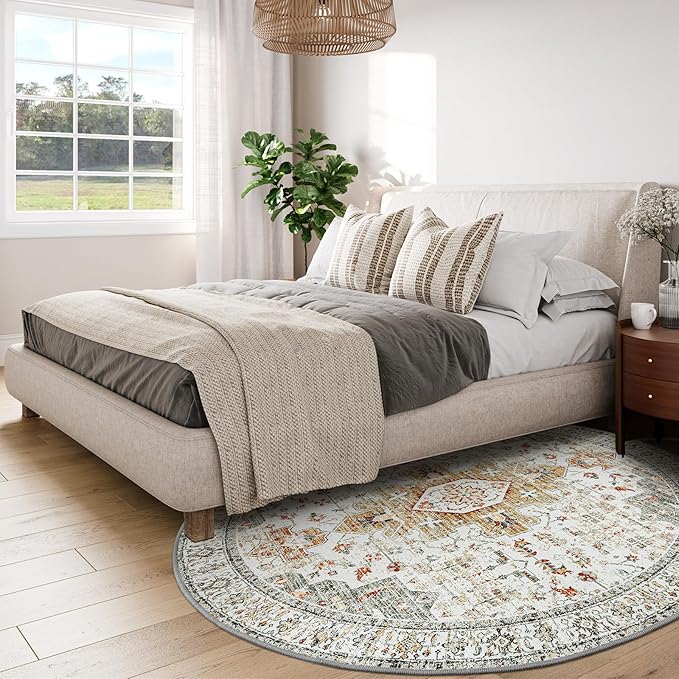 Moynesa Ultra-Thin Washable Round Rug - 6ft Large Living Room Circle Area Rugs, Vintage Dining Room Mat Stain Resistant Nursery Carpet for Bedroom Mudroom Kitchen Apartment Home Office