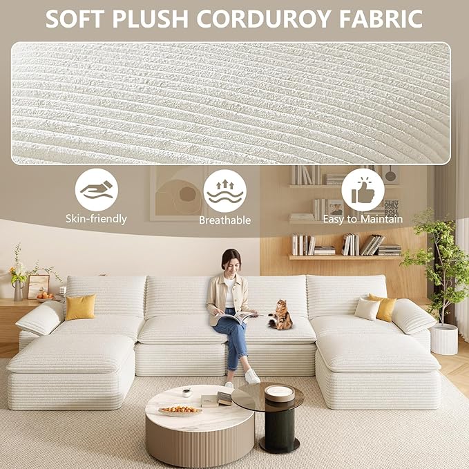 142" Cloud Sectional Couch with U-Shaped Chaise, Corduroy Sectional Sofa with Ottoman, Boneless Couch with Deep Seat in a Box for Living Room, No Assembly Required (White)
